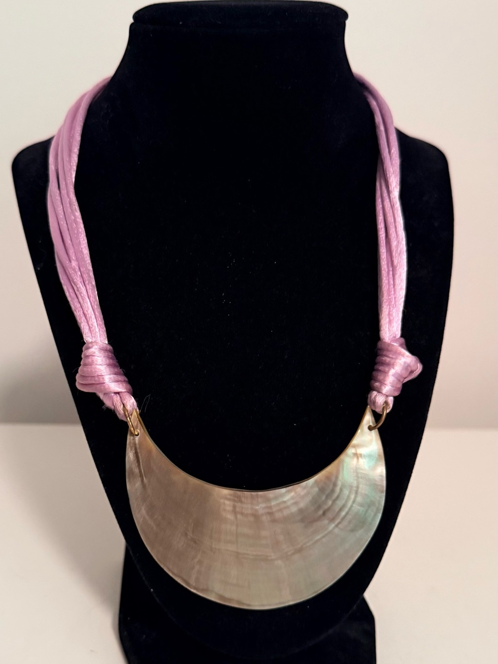 Lavender Satin Cord Necklace with Iridescent Abalone Crescent Vintage